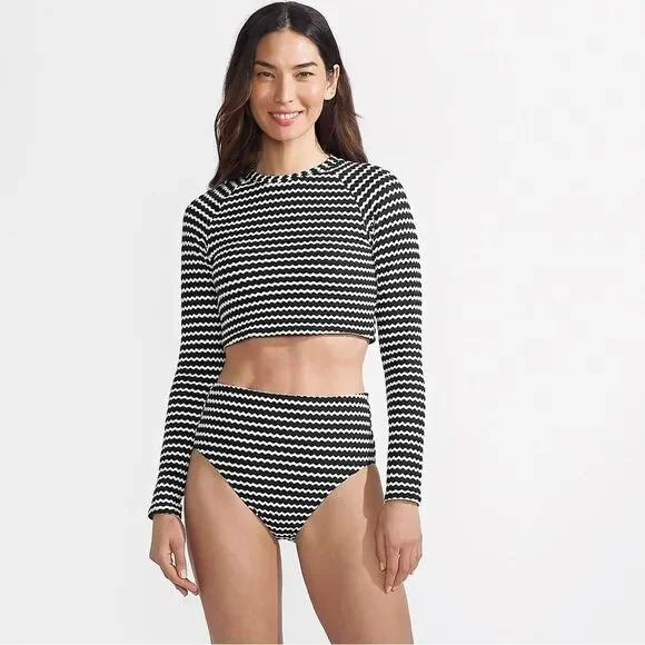 Land's End Plus Size Crochet long sleeve bikini top built-in bra black white 2X